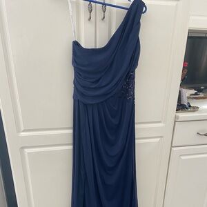 David’s bridal navy blue off shoulder gown with lace see-through on side
